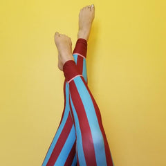 RedBlossom Stripe leggings with blue and brown colors. Stylish, durable, and hot fashion leggings. Get ready to stand out from the crowd! A real show stopper! Fabric is 82% polyester, 18% spandex. By RedButterfly by Omaris