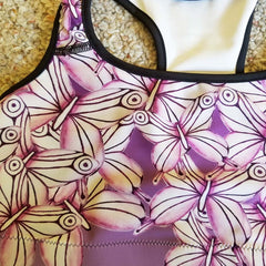 Women's Activewear. Comfortable Purple Sports Bra with soft fabric and watercolor butterflies. Get the matching outfit! Exclusive design by RedButterfly by Omaris.