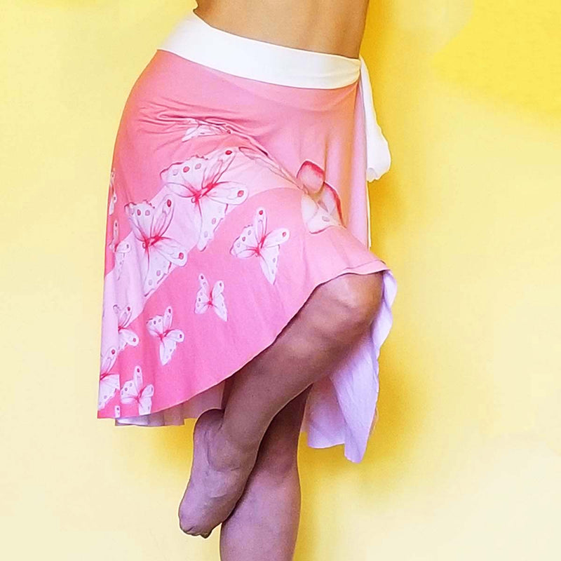 Goddess Pink Wrap Skirt is designed to fit all the beautiful curves. Very comfy and unique style. Great piece for traveling.  - Medium weight soft jersey 92% polyester and 8% spandex - Available in one size - The waist tie is made from bamboo jersey fabric - Watercolors Butterflies  - Exclusive design by RedButterfly by Omaris