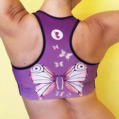 Women's Activewear. Comfortable Purple Sports Bra with soft fabric and watercolor butterflies. Get the matching outfit! Exclusive design by RedButterfly by Omaris.