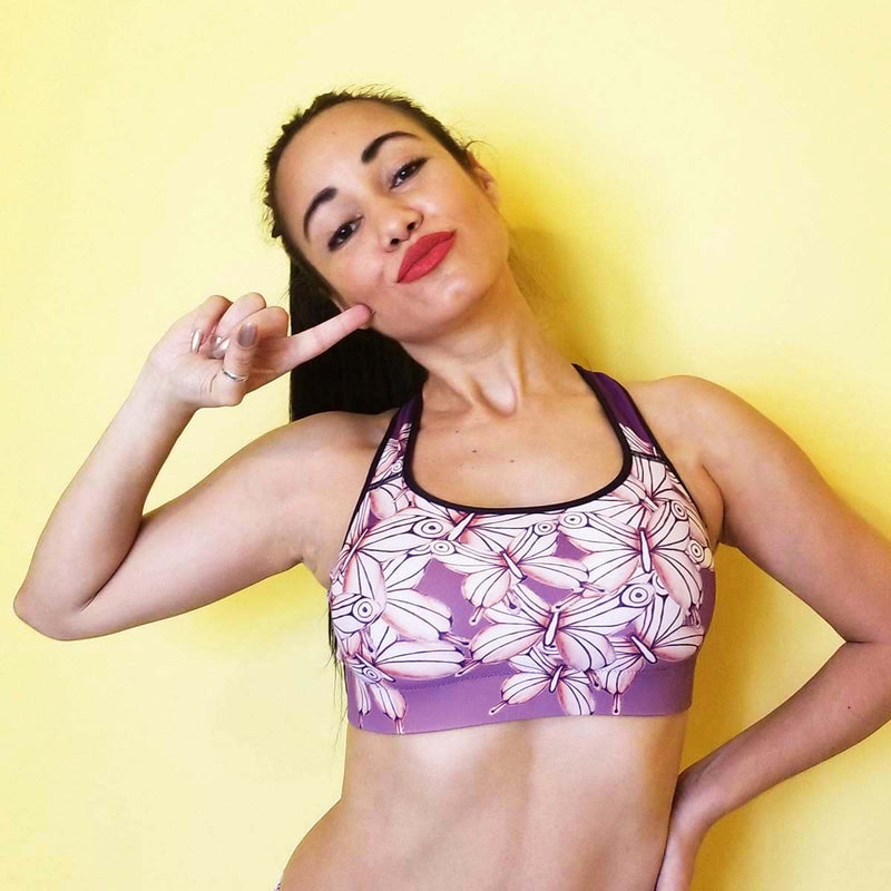 Women's Activewear. Comfortable Purple Sports Bra with soft fabric and watercolor butterflies. Get the matching outfit! Exclusive design by RedButterfly by Omaris.