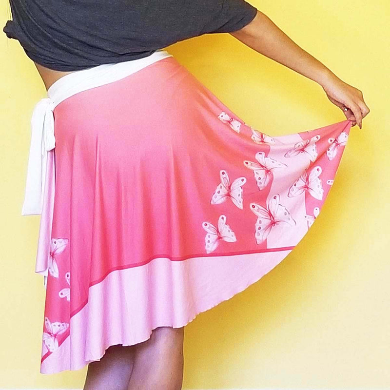 Goddess Pink Wrap Skirt is designed to fit all the beautiful curves. Very comfy and unique style. Great piece for traveling.  - Medium weight soft jersey 92% polyester and 8% spandex - Available in one size - The waist tie is made from bamboo jersey fabric - Watercolors Butterflies  - Exclusive design by RedButterfly by Omaris