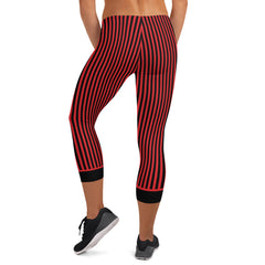Super soft and comfortable capri leggings. RedButterfly Red and Black Stripes accentuate your curves and movements.  - 82% polyester, 18% spandex - 6.78 oz/yd² (230 g/m²) (weight may vary by 5%) - Material has a four-way stretch, which means fabric stretches and recovers on the cross and lengthwise grains - True size