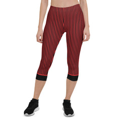 Super soft and comfortable capri leggings. RedButterfly Red and Black Stripes accentuate your curves and movements.  - 82% polyester, 18% spandex - 6.78 oz/yd² (230 g/m²) (weight may vary by 5%) - Material has a four-way stretch, which means fabric stretches and recovers on the cross and lengthwise grains - True size