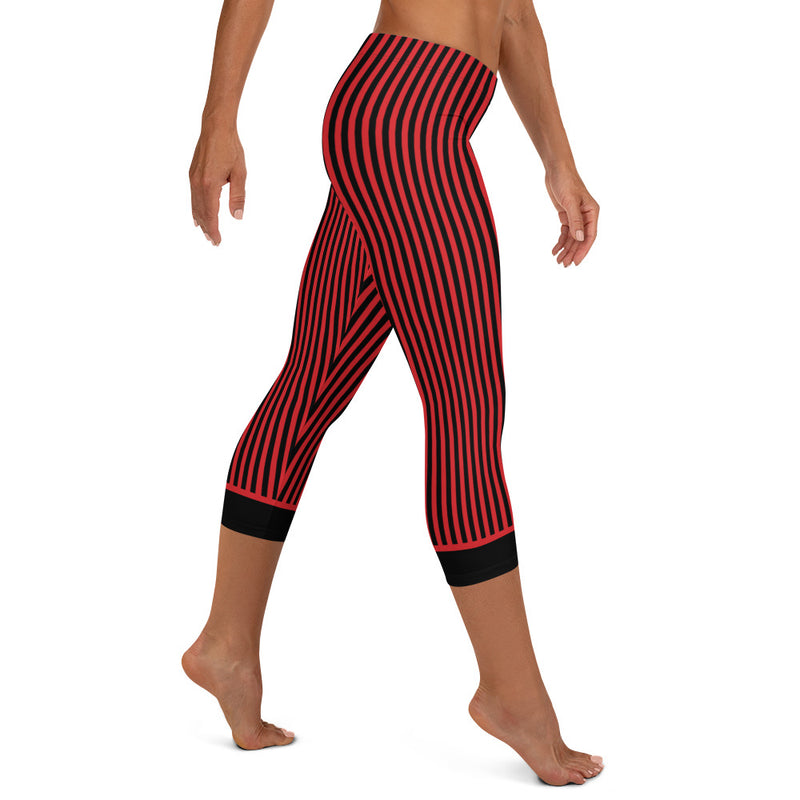 Super soft and comfortable capri leggings. RedButterfly Red and Black Stripes accentuate your curves and movements.  - 82% polyester, 18% spandex - 6.78 oz/yd² (230 g/m²) (weight may vary by 5%) - Material has a four-way stretch, which means fabric stretches and recovers on the cross and lengthwise grains - True size