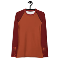 RedBlossom Tulip Orange Rash Guard. The beauty of earthy colors and tulips.  The slim fit, flat ergonomic seams, and the longer body give extra comfort. - 82% polyester, 18% spandex - 38-40 UPF - Fitted rash guard design - Comfortable longer body and sleeves - Flatseam and cover stitch - Sweatproof - Very soft four-way stretch fabric 