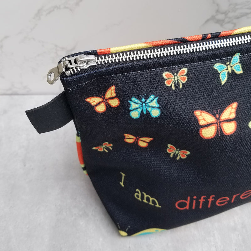 Sure to be one of your favorites! Unique butterfly design made from durable canvas with zipper, and guess what? It has two inside pockets! There are many ways you can use your Butterflylove Makeup Bag, the options are endless! Great for traveling, for dance classes, makeup bag and more! - Denim Lined - 100% polyester textured canvas - Two convenient inside pockets - Metal zipper - Size 12 inches - Exclusive design by RedButterfly by Omaris