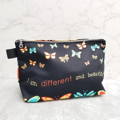 Sure to be one of your favorites! Unique butterfly design made from durable canvas with zipper, and guess what? It has two inside pockets! There are many ways you can use your Butterflylove Makeup Bag, the options are endless! Great for traveling, for dance classes, makeup bag and more! - Denim Lined - 100% polyester textured canvas - Two convenient inside pockets - Metal zipper - Size 12 inches - Exclusive design by RedButterfly by Omaris