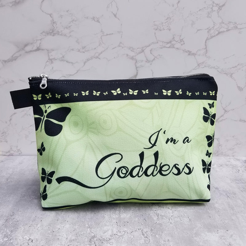 Sure to be one of your favorites! Goddess Mint Makeup Bag made from durable canvas with zipper, and guess what? It has two inside pockets! Great for traveling, for dance classes, makeup bags, and more! - Denim Lined - 100% polyester textured canvas - Two convenient inside pockets - Metal zipper - Size 12 inches - Exclusive design by RedButterfly by Omaris  