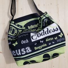 This Goddess Mint Tote is for you! - Tote made from soft neoprene fabric, 92% polyester, 5 spandex. - Goddess word translated in some languages. - Easy adjustable 44
